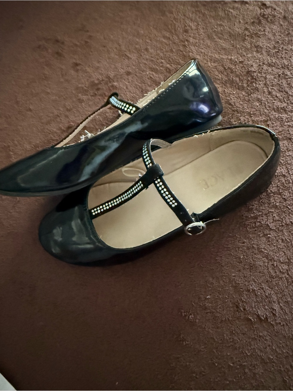 Girls Black Patent T-Strap Mary Jane Flats with Rhinestones - Picture 2 of 4